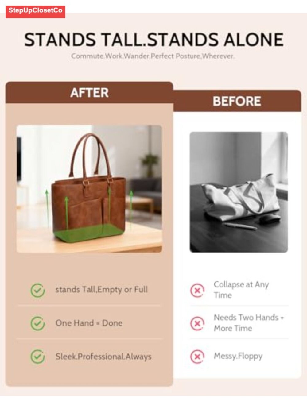 Faux Leather Tote Bag, Padded Laptop Compartment, Work & Travel - Picture 5 of 6